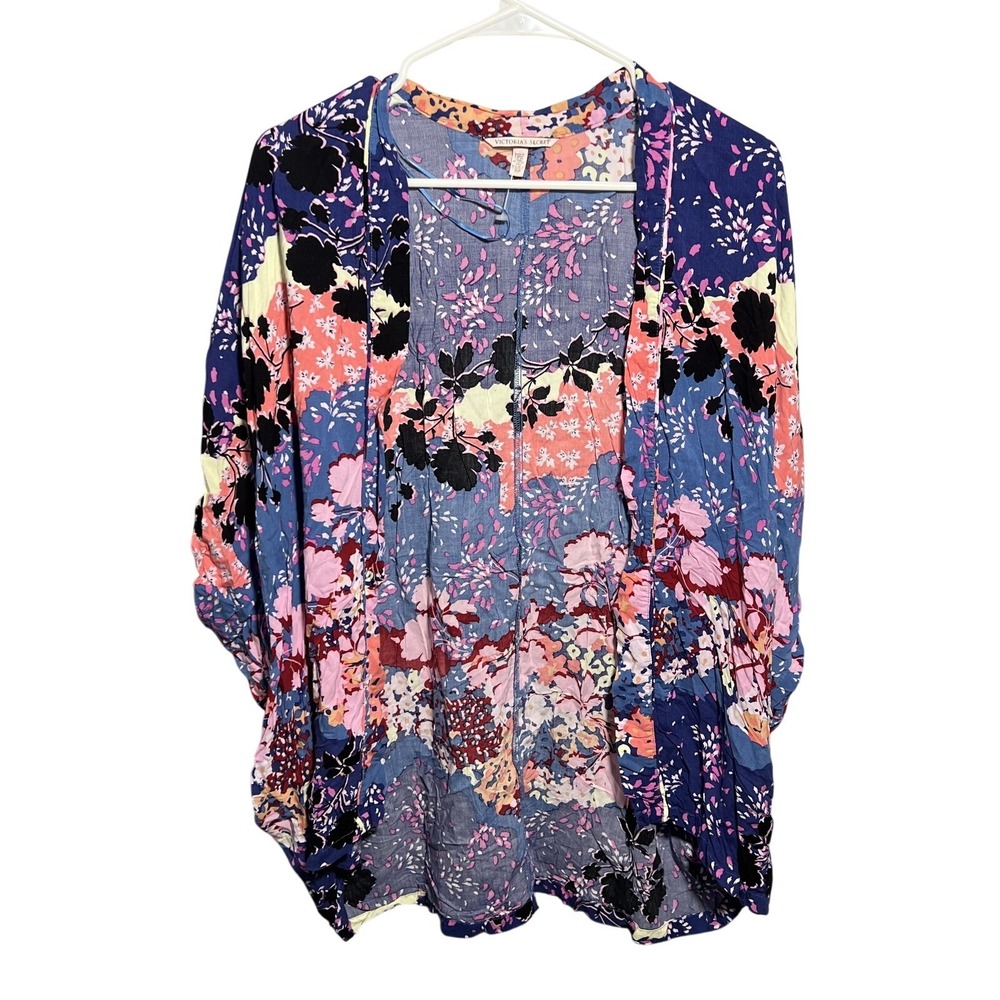 Victoria's Secret XS/S Floral Kimono Tunic Top Blouse Open Front Blue Pink Black